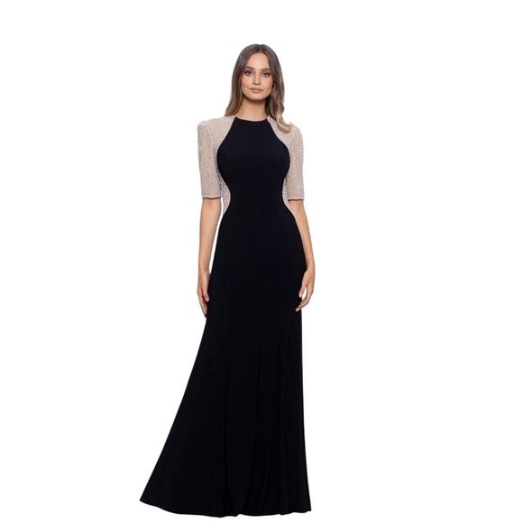 Xscape Women's Quarter Sleeve Long Jersey Knit Evening Dress Black Size 8 NWT - Picture 1 of 12